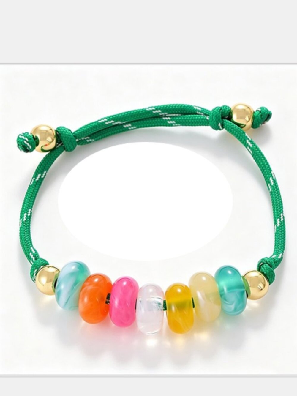 Free People Gold Tone Green Cord Multicolored Beaded Resin Stone Charm Bracelet